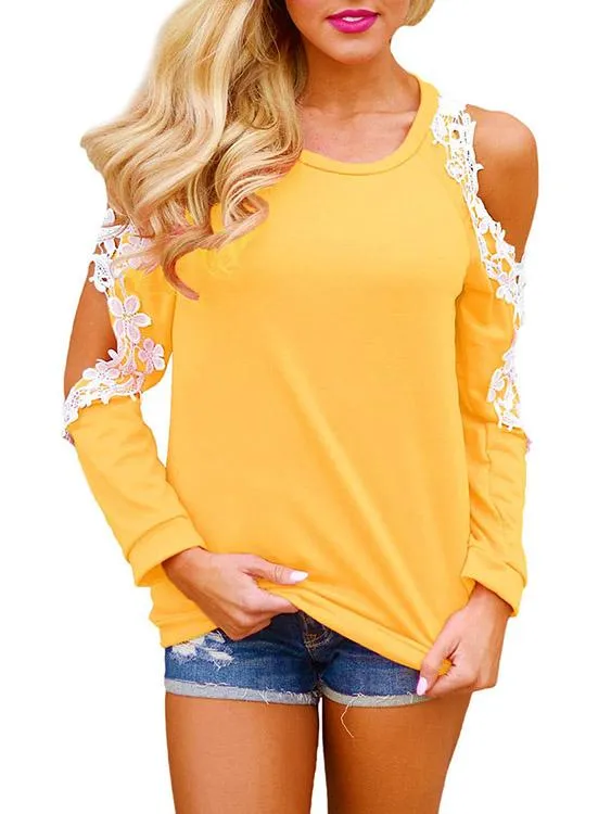 Custom Round Neck Cold Shoulder Plain Lace Cut Out Long Sleeve Top