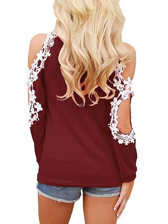 Custom Round Neck Cold Shoulder Plain Lace Cut Out Long Sleeve Top