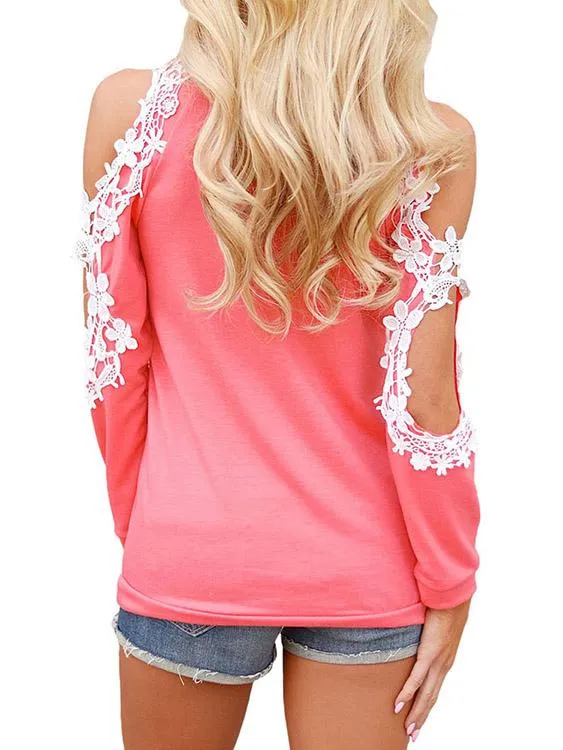 Custom Round Neck Cold Shoulder Plain Lace Cut Out Long Sleeve Top