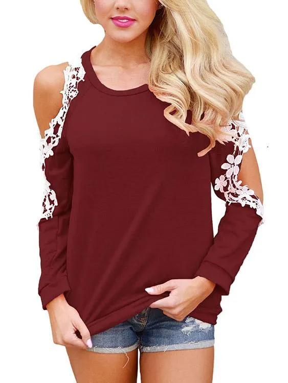 Custom Round Neck Cold Shoulder Plain Lace Cut Out Long Sleeve Top