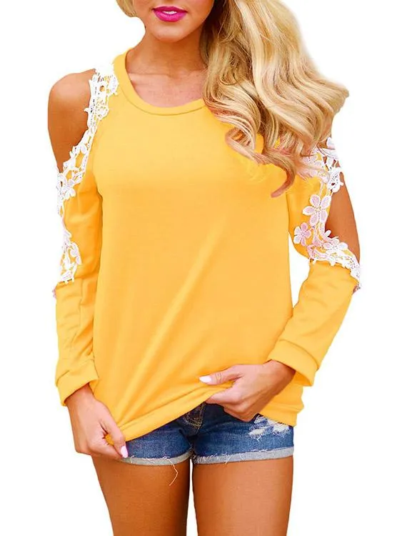 Custom Round Neck Cold Shoulder Plain Lace Cut Out Long Sleeve Top