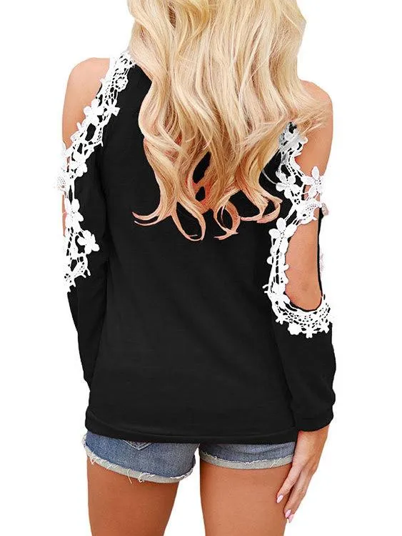 Custom Round Neck Cold Shoulder Plain Lace Cut Out Long Sleeve Top