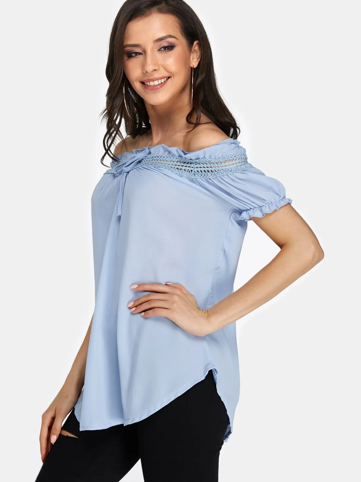 Custom Round Neck Off The Shoulder Plain Lace Hollow Short Sleeve T-Shirts