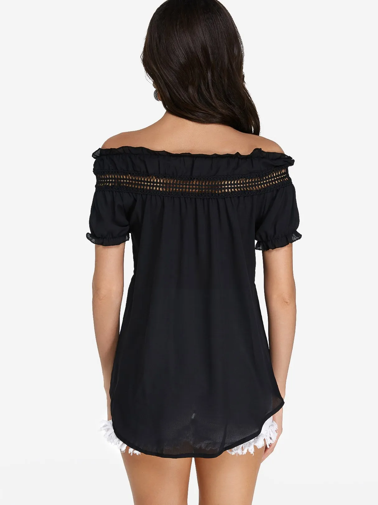 Custom Round Neck Off The Shoulder Plain Lace Hollow Short Sleeve T-Shirts