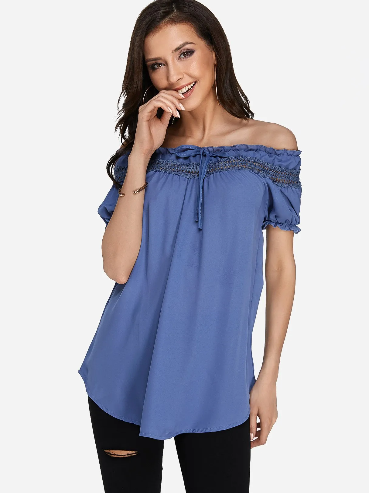 Custom Round Neck Off The Shoulder Plain Lace Hollow Short Sleeve T-Shirts