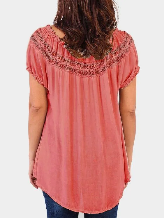 Custom Round Neck Off The Shoulder Plain Lace Hollow Short Sleeve T-Shirts