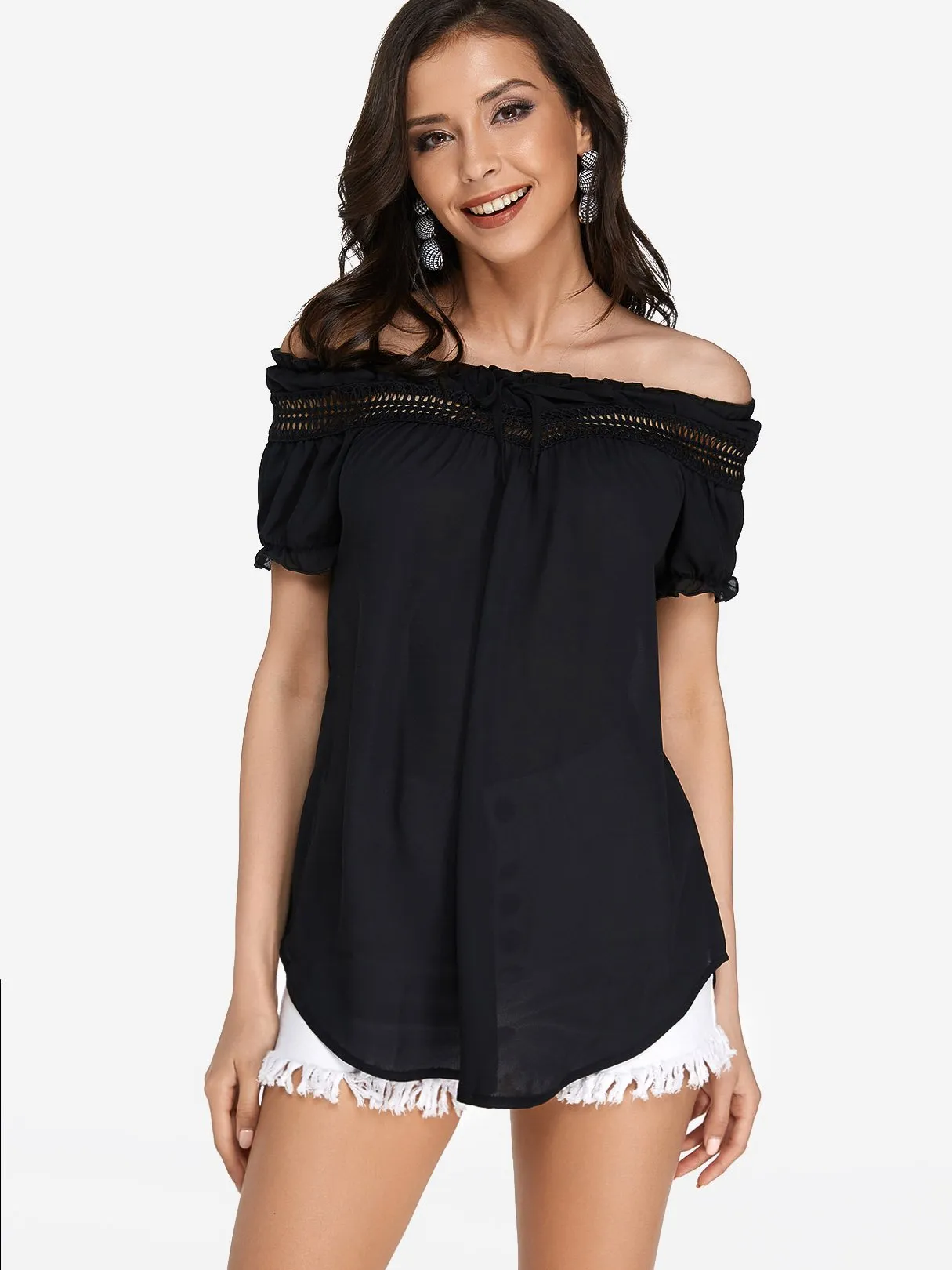 Custom Round Neck Off The Shoulder Plain Lace Hollow Short Sleeve T-Shirts