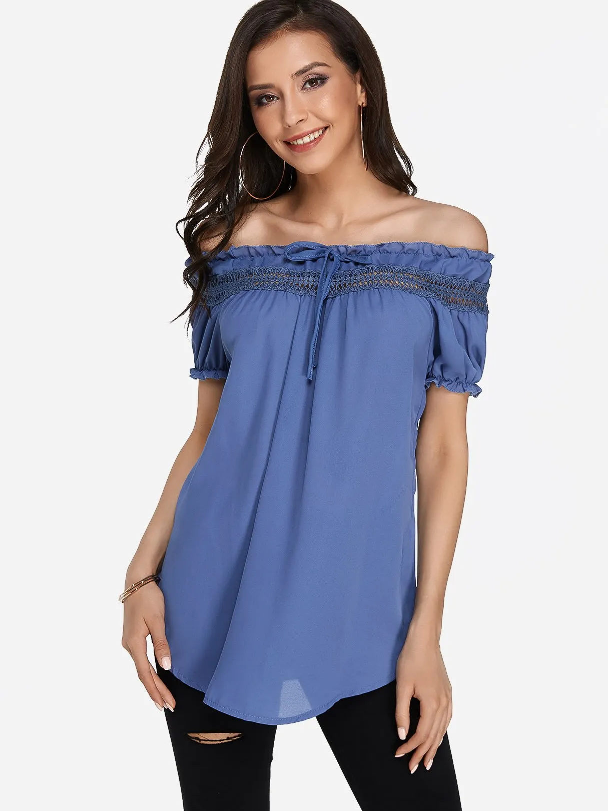 Custom Round Neck Off The Shoulder Plain Lace Hollow Short Sleeve T-Shirts