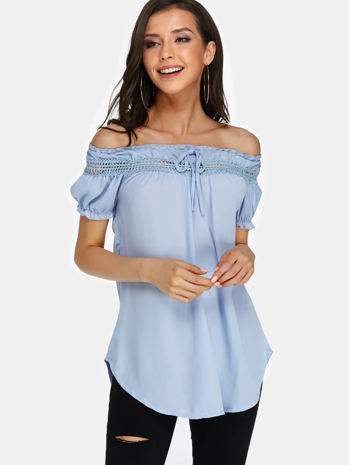 Custom Round Neck Off The Shoulder Plain Lace Hollow Short Sleeve T-Shirts