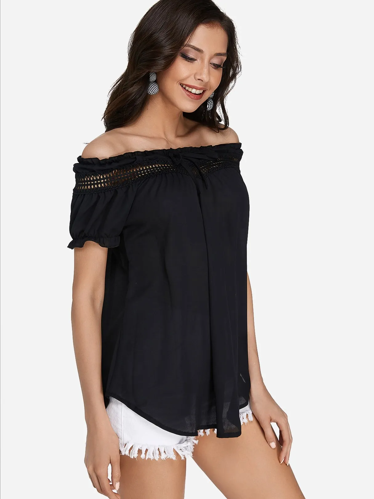 Custom Round Neck Off The Shoulder Plain Lace Hollow Short Sleeve T-Shirts