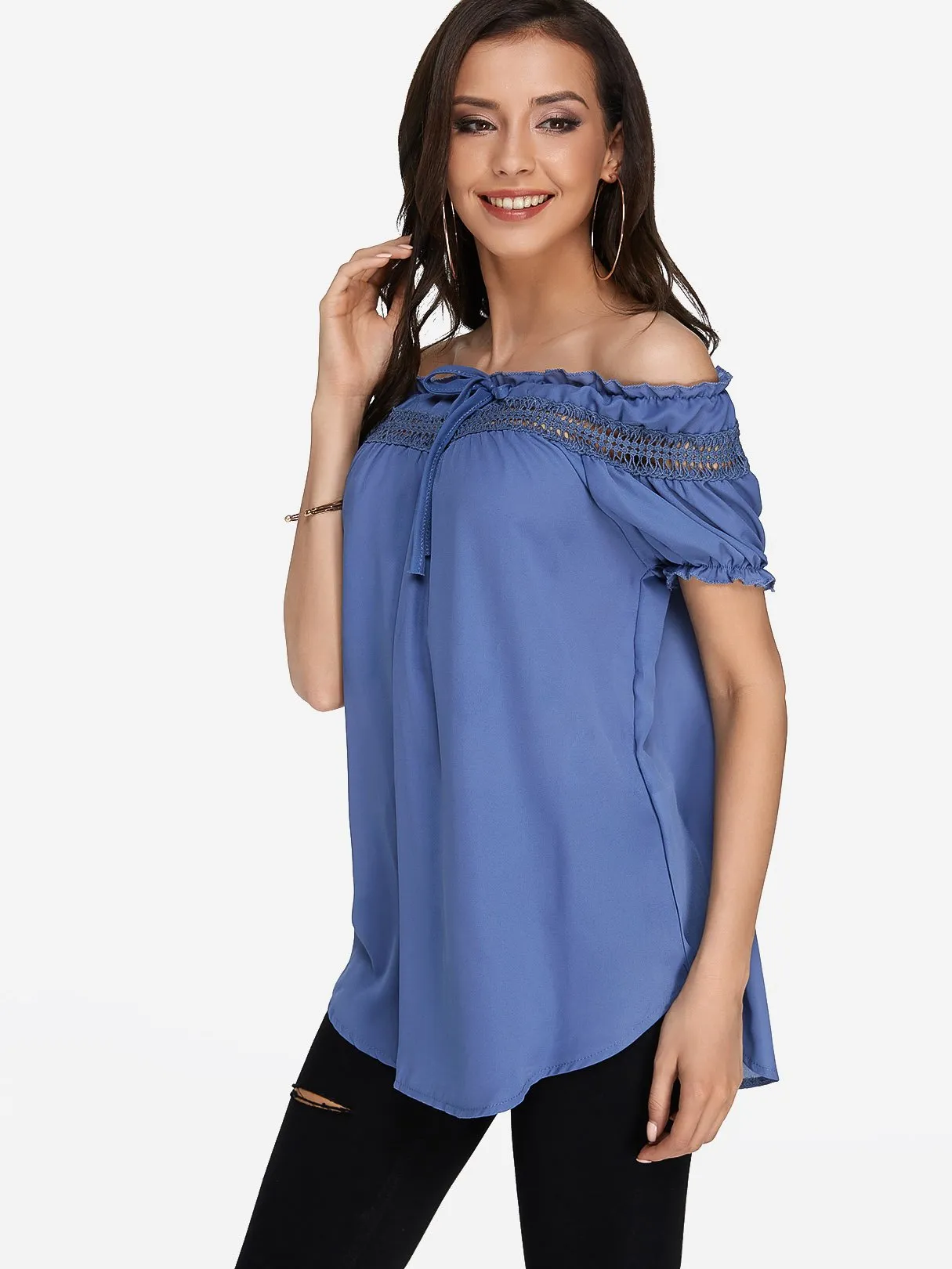 Custom Round Neck Off The Shoulder Plain Lace Hollow Short Sleeve T-Shirts