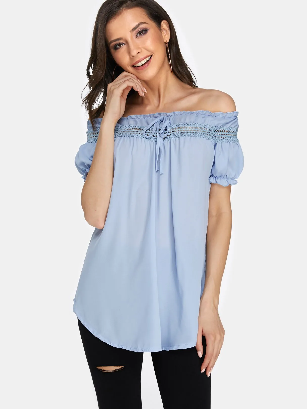 Custom Round Neck Off The Shoulder Plain Lace Hollow Short Sleeve T-Shirts