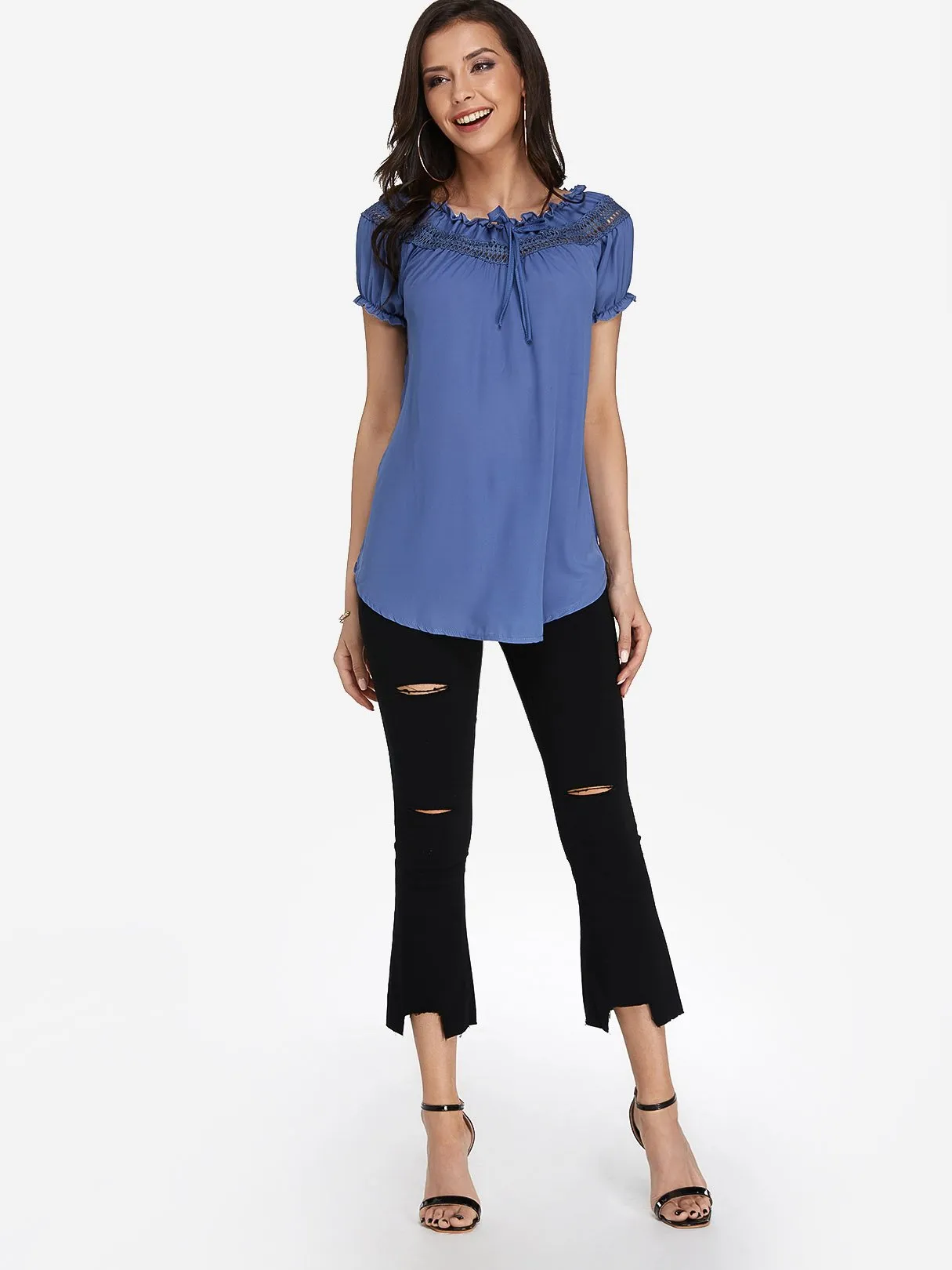 Custom Round Neck Off The Shoulder Plain Lace Hollow Short Sleeve T-Shirts