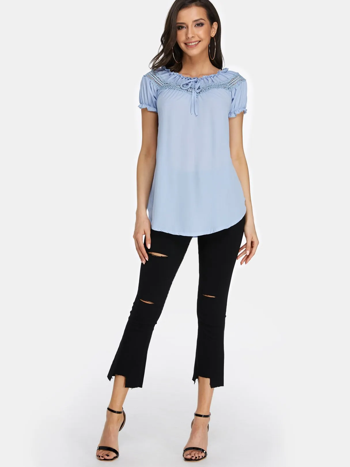 Custom Round Neck Off The Shoulder Plain Lace Hollow Short Sleeve T-Shirts