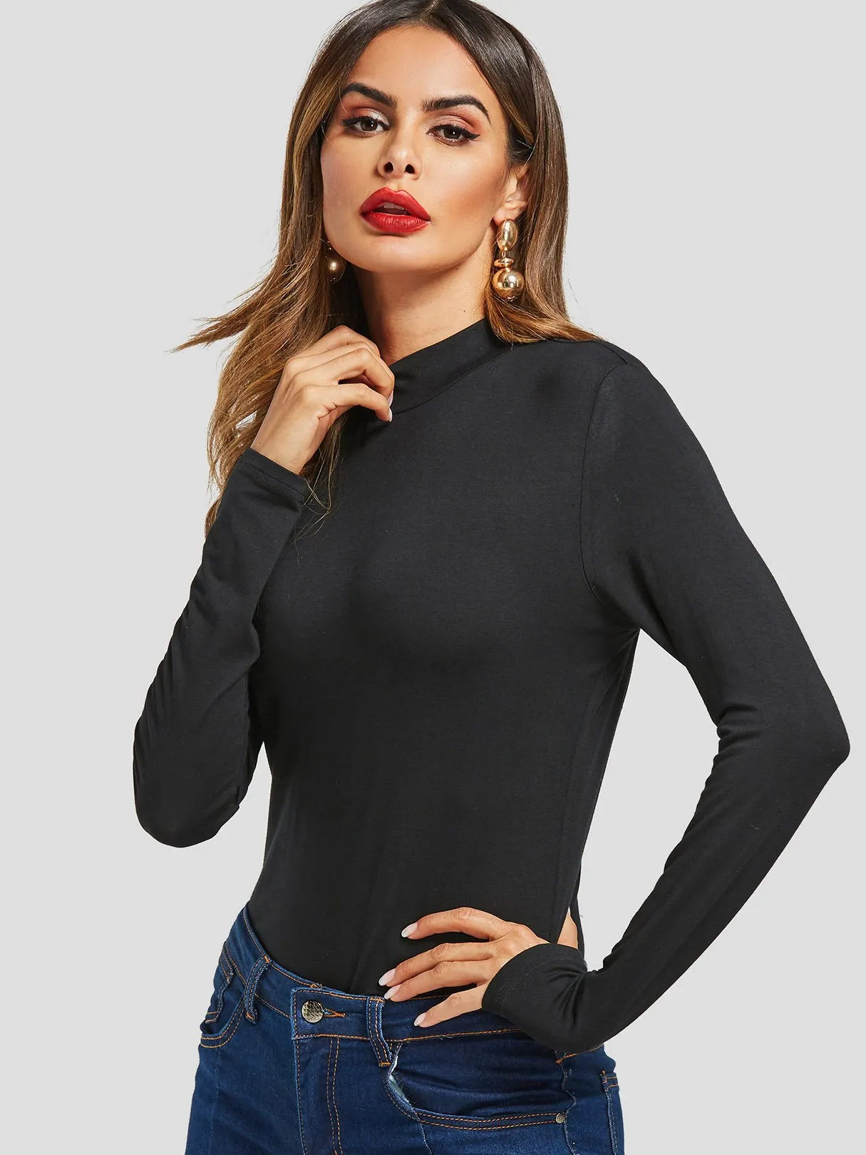 Custom Round Neck Plain Backless Cut Out Long Sleeve Black Top