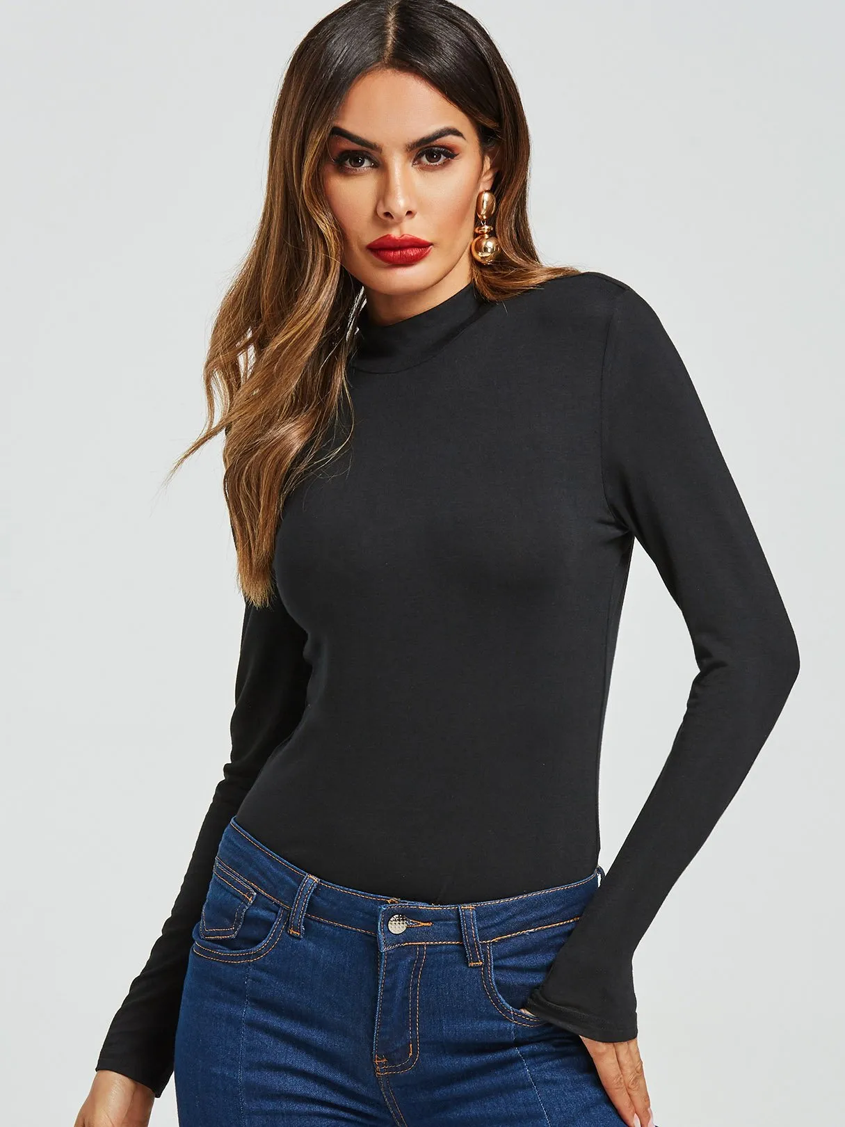 Custom Round Neck Plain Backless Cut Out Long Sleeve Black Top