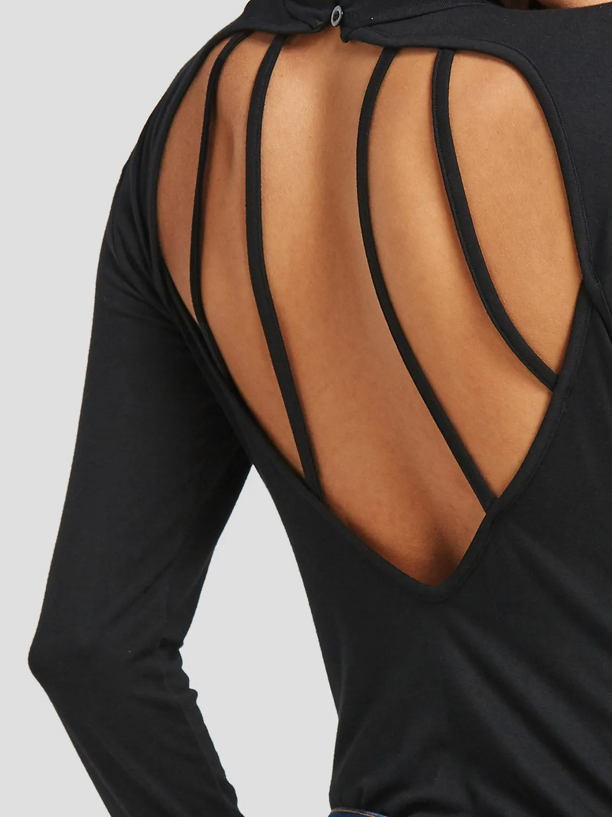 Custom Round Neck Plain Backless Cut Out Long Sleeve Black Top