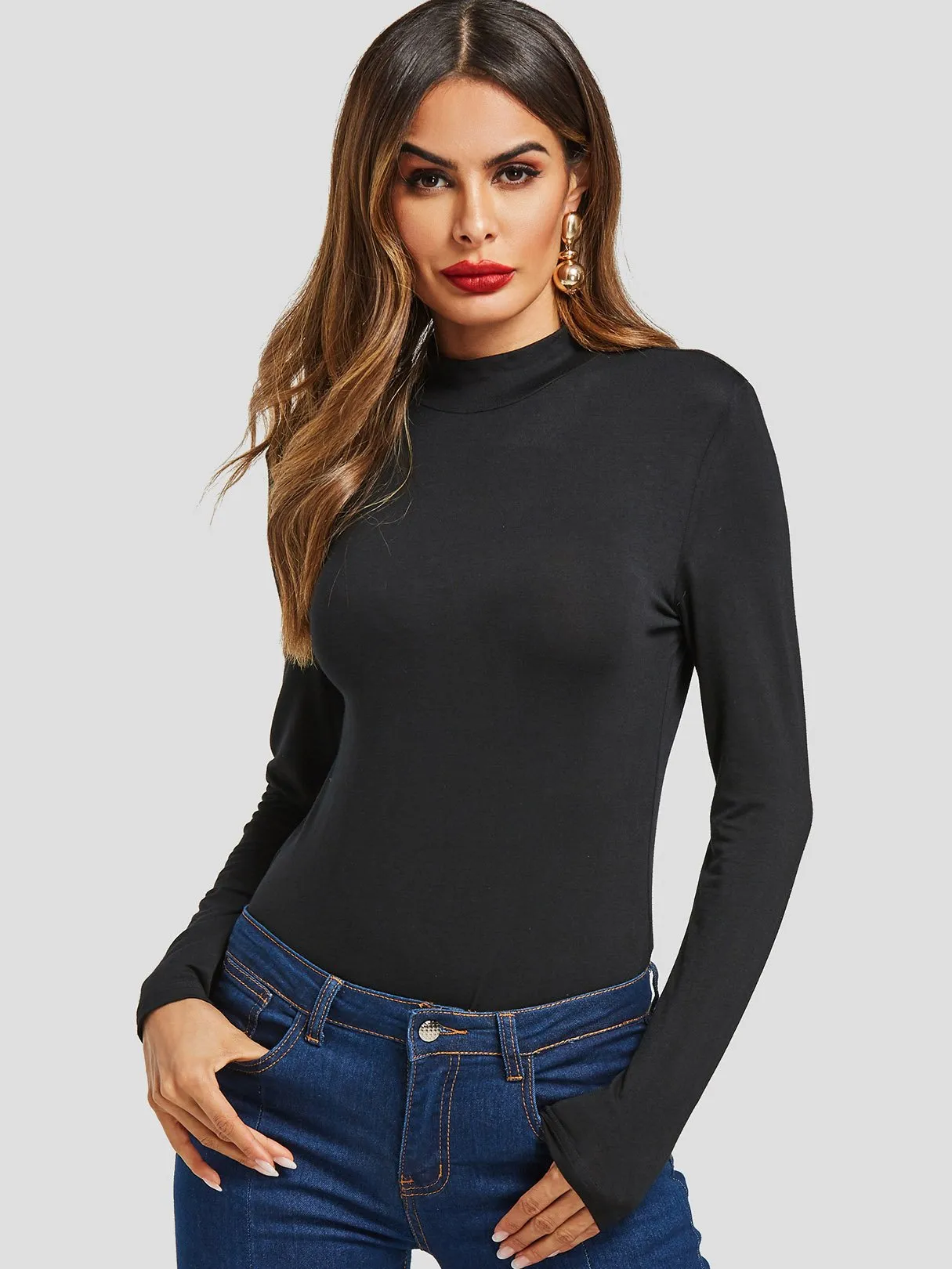 Custom Round Neck Plain Backless Cut Out Long Sleeve Black Top