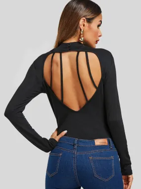 Custom Round Neck Plain Backless Cut Out Long Sleeve Black Top