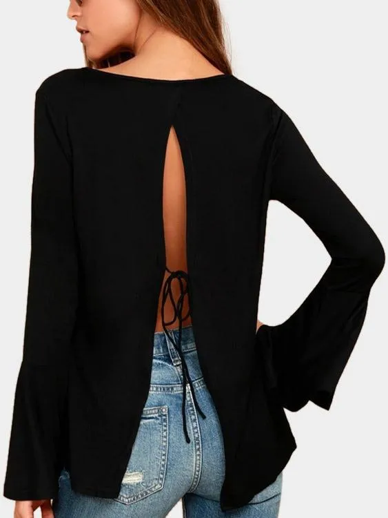 Custom Round Neck Plain Backless Slit Long Sleeve Black T-Shirts