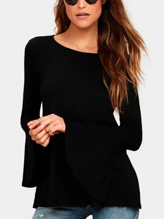 Custom Round Neck Plain Backless Slit Long Sleeve Black T-Shirts