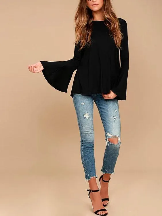 Custom Round Neck Plain Backless Slit Long Sleeve Black T-Shirts