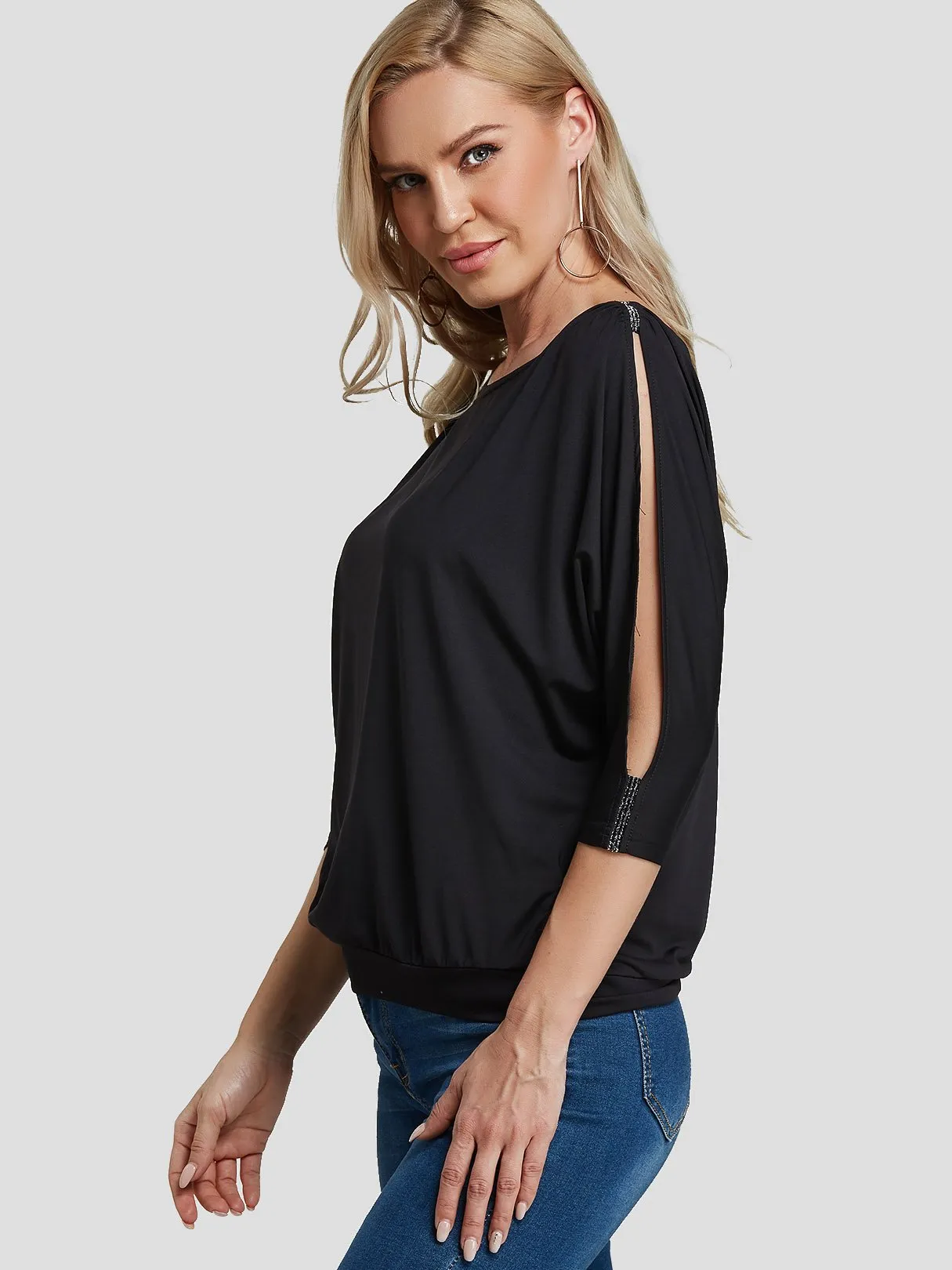 Custom Round Neck Plain Cut Out Half Sleeve Black T-Shirts