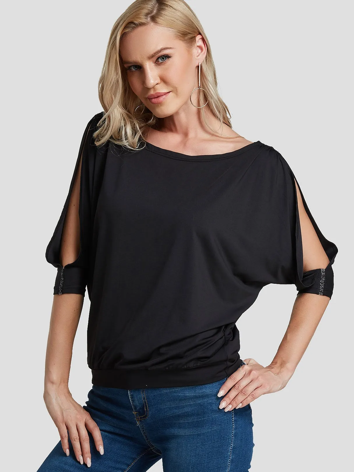 Custom Round Neck Plain Cut Out Half Sleeve Black T-Shirts