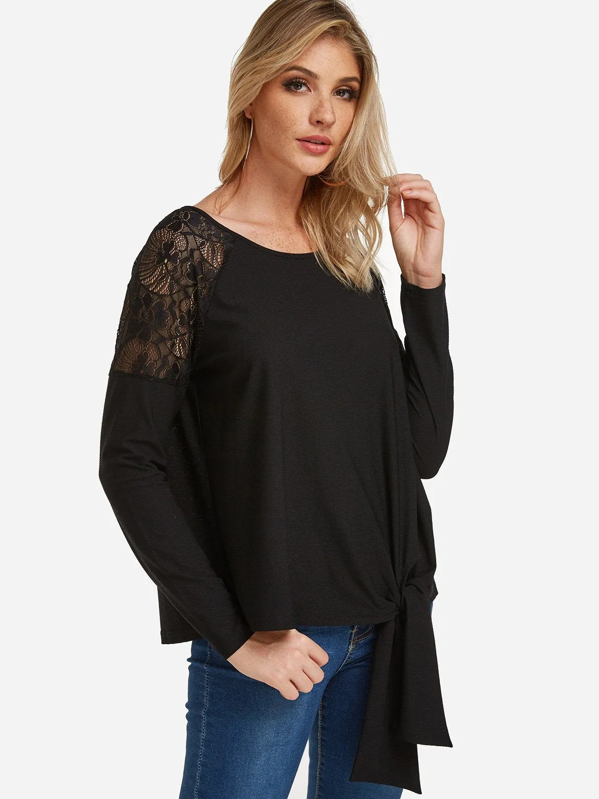 Custom Round Neck Plain Lace Long Sleeve Black T-Shirt