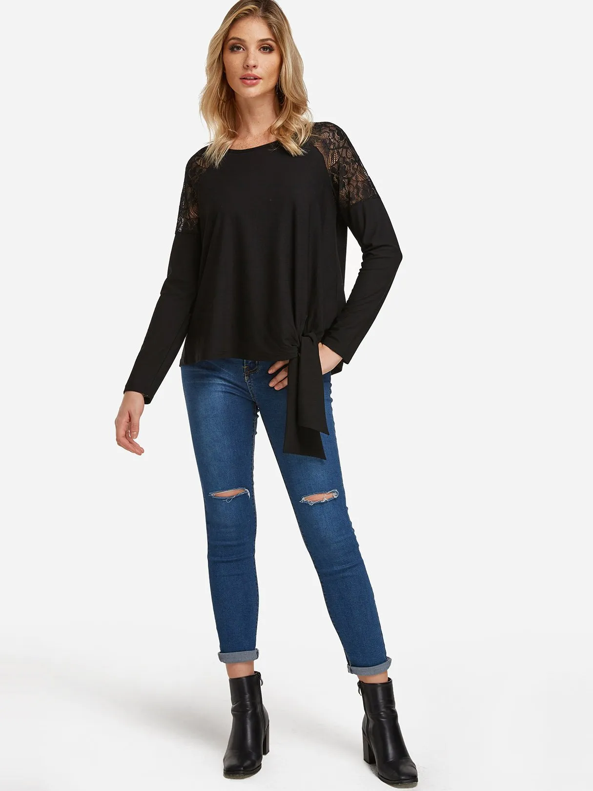 Custom Round Neck Plain Lace Long Sleeve Black T-Shirt