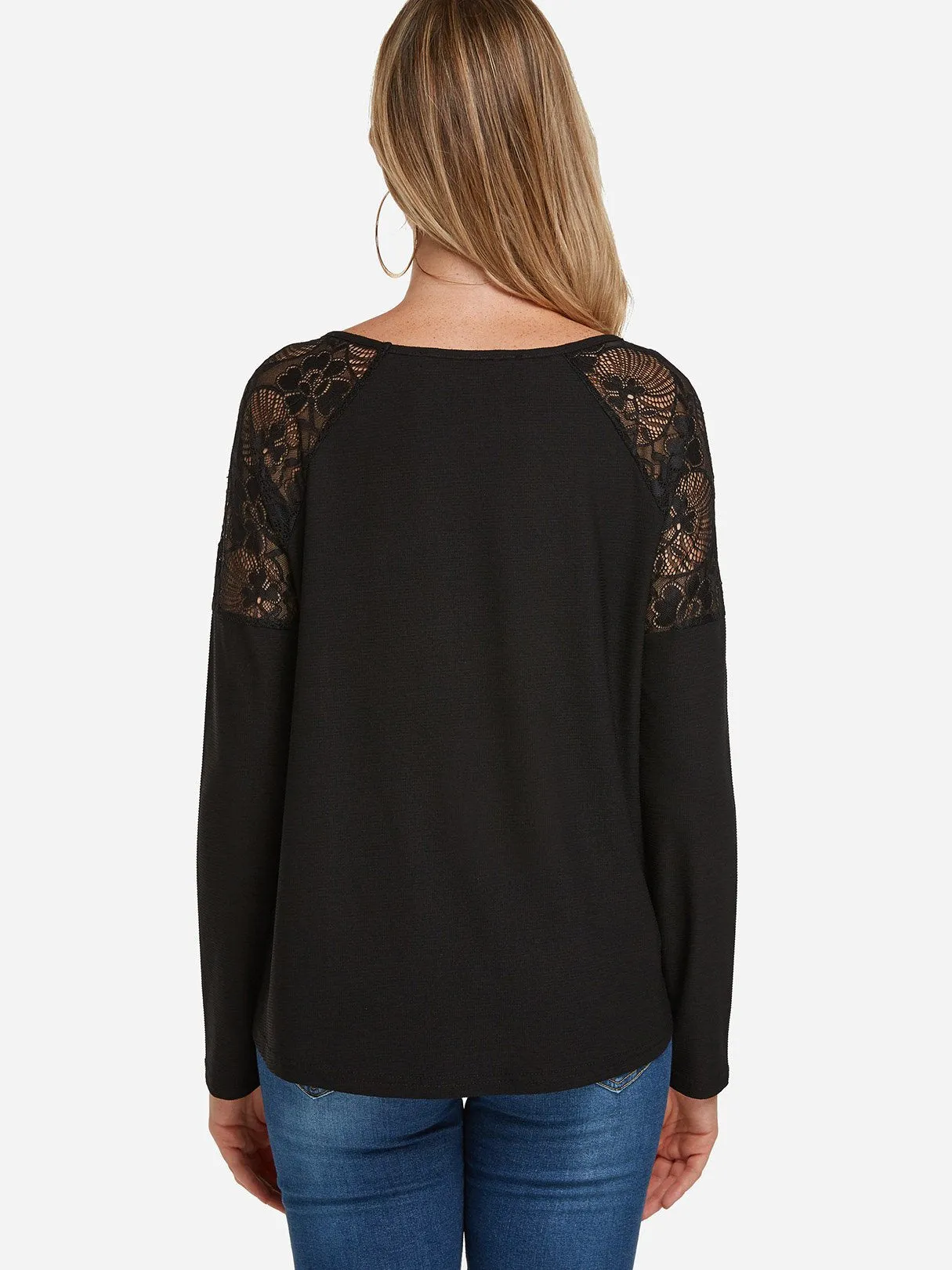 Custom Round Neck Plain Lace Long Sleeve Black T-Shirt