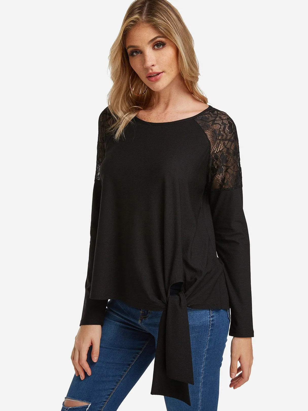 Custom Round Neck Plain Lace Long Sleeve Black T-Shirt