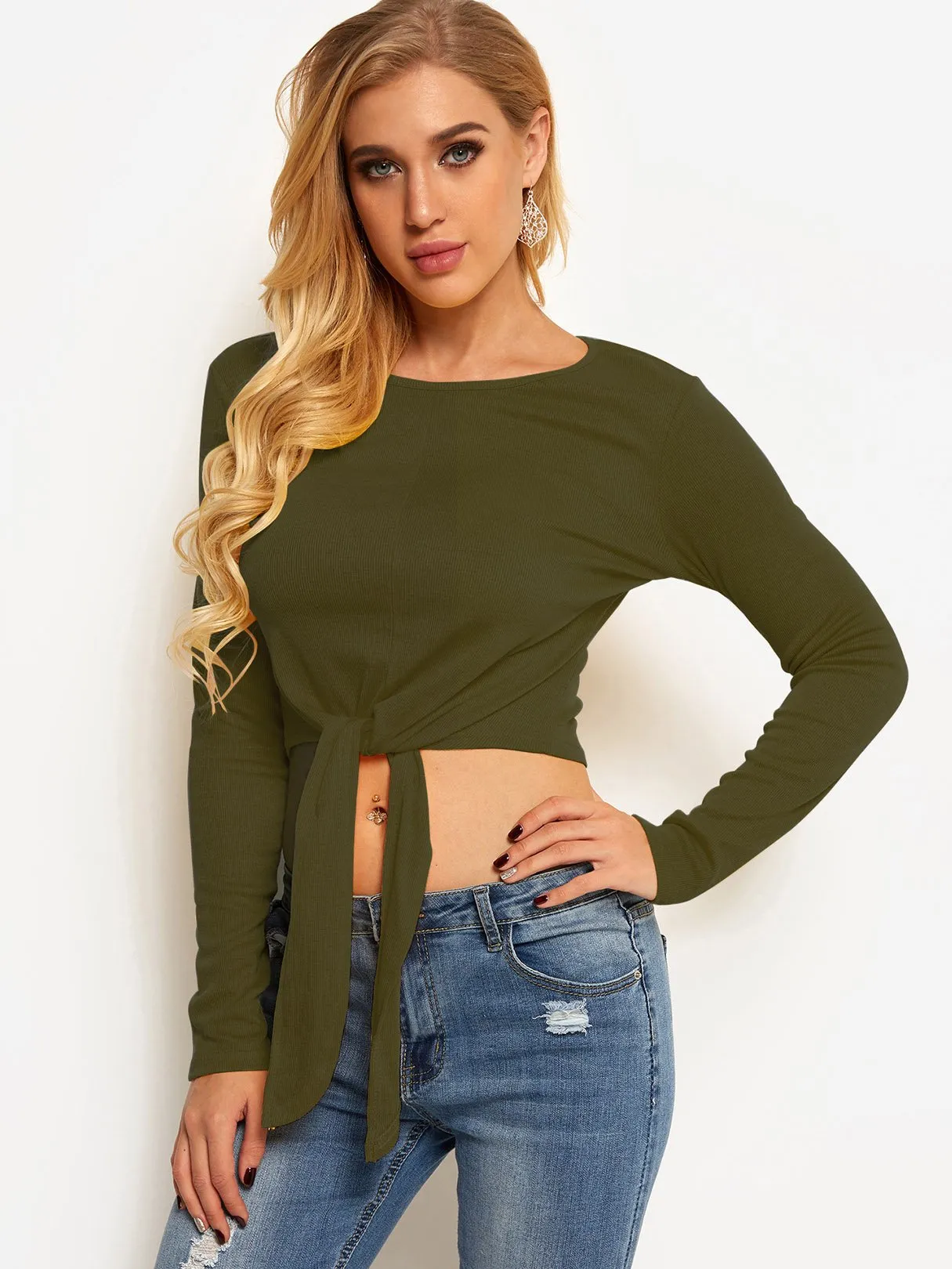 Custom Round Neck Plain Long Sleeve Army Green T-Shirts