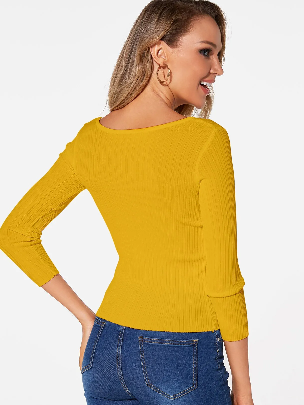 Custom Scoop Neck Plain 3/4 Sleeve Yellow T-Shirts