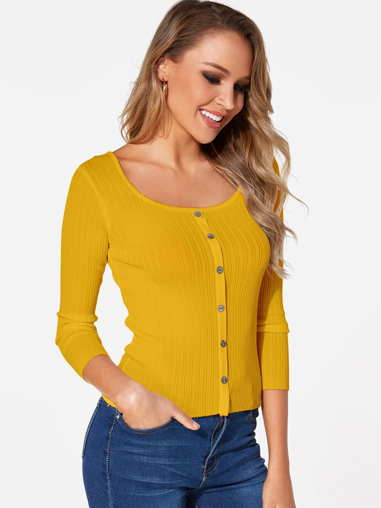 Custom Scoop Neck Plain 3/4 Sleeve Yellow T-Shirts