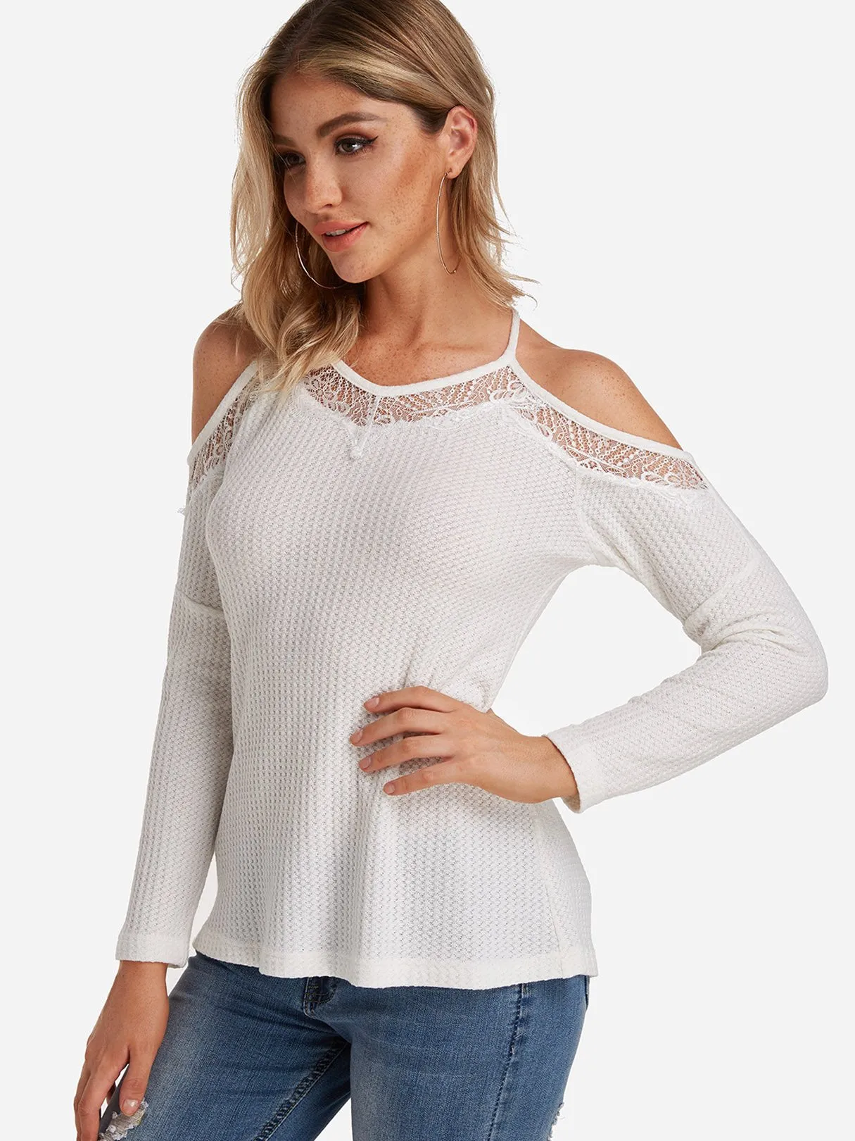 Custom V-Neck Cold Shoulder Plain Lace Long Sleeve White T-Shirts