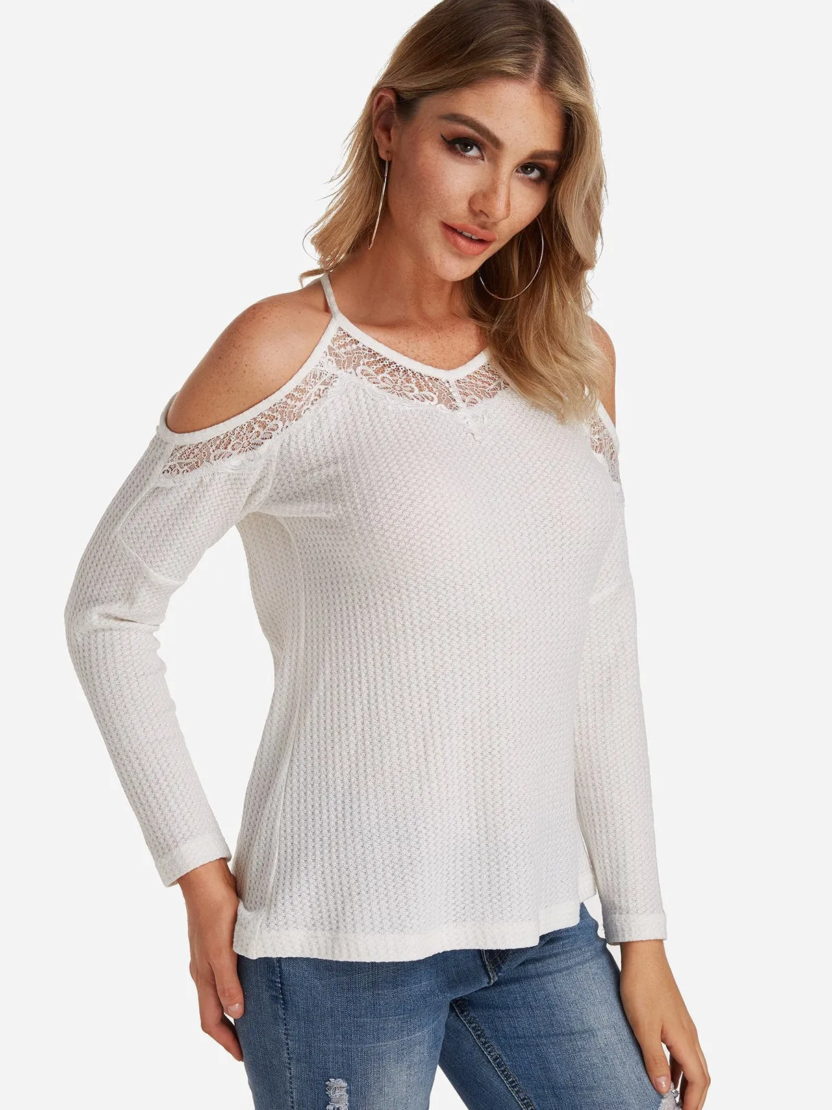 Custom V-Neck Cold Shoulder Plain Lace Long Sleeve White T-Shirts