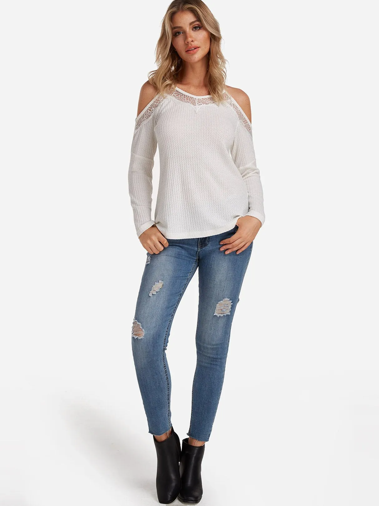 Custom V-Neck Cold Shoulder Plain Lace Long Sleeve White T-Shirts