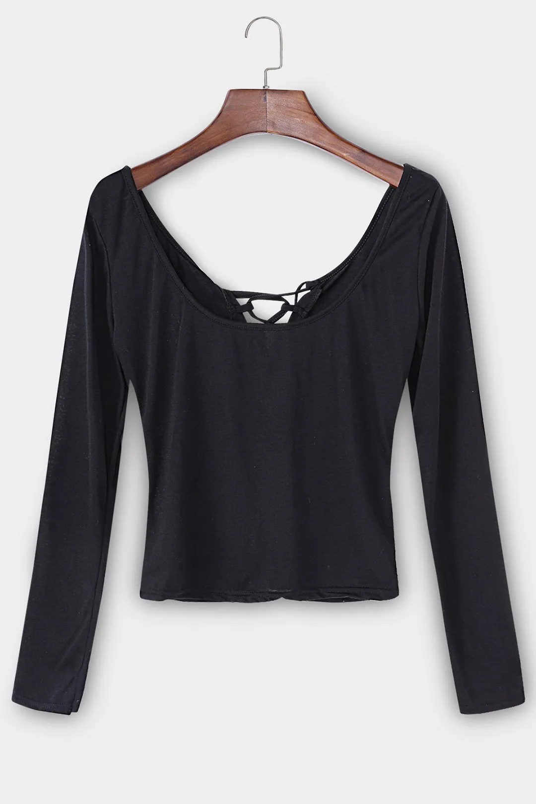 Custom V-Neck Plain Backless Lace-Up Long Sleeve Black T-Shirts