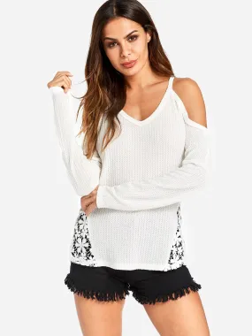 Custom V-Neck Plain Lace Cut Out Long Sleeve White T-Shirts