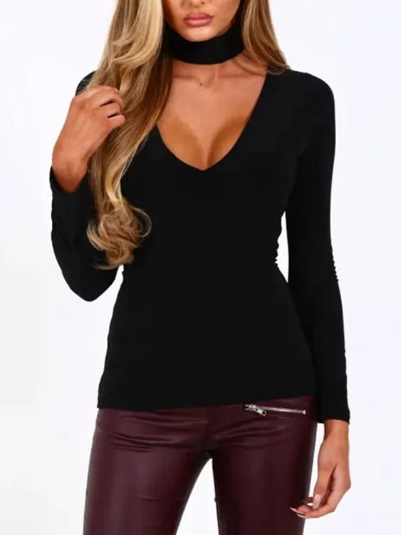 Custom V-Neck Plain Long Sleeve Bodycon Hem Black Top