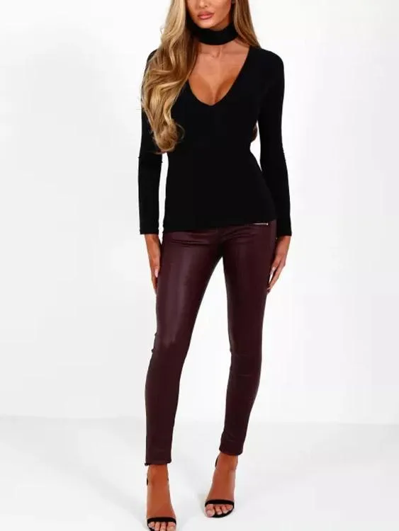 Custom V-Neck Plain Long Sleeve Bodycon Hem Black Top