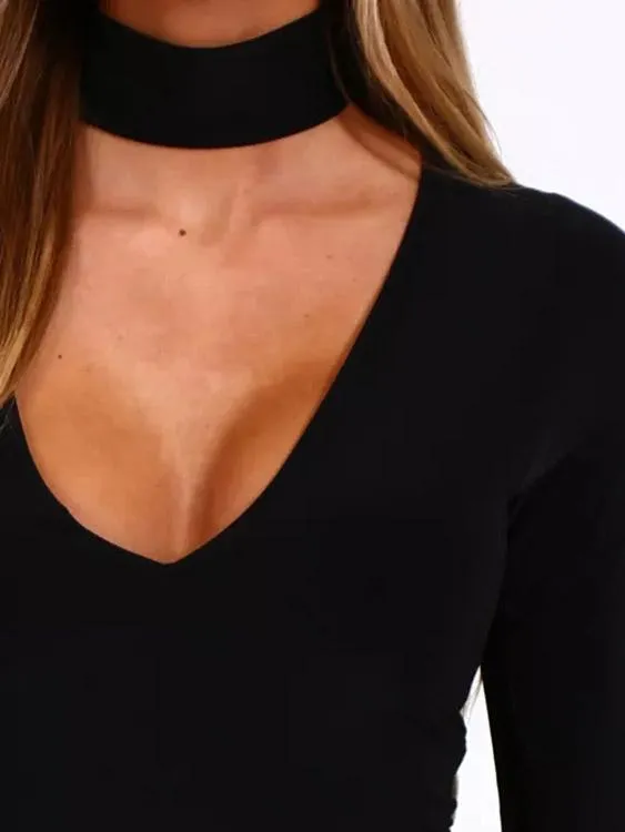 Custom V-Neck Plain Long Sleeve Bodycon Hem Black Top