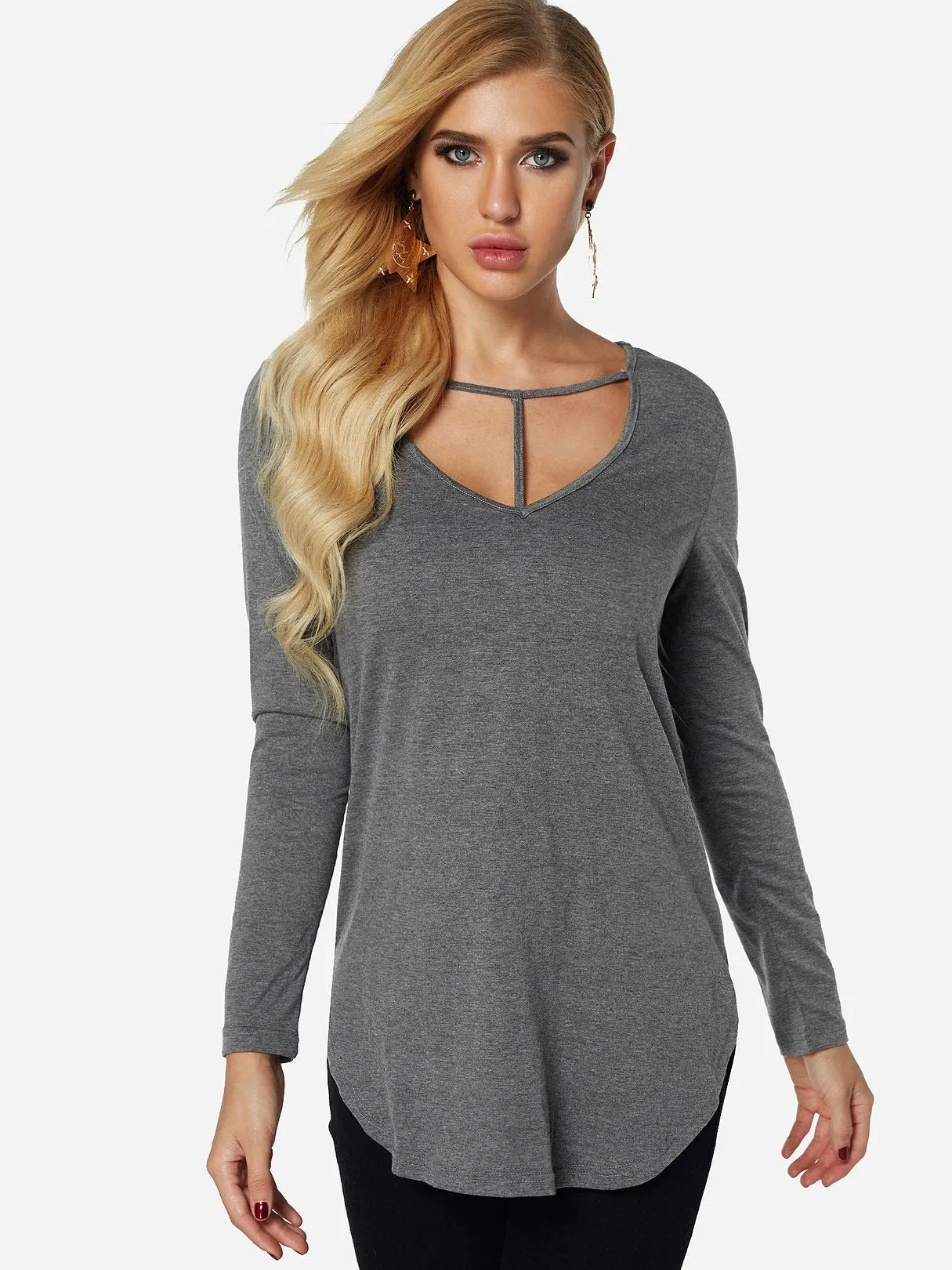 Custom V-Neck Plain Long Sleeve Curved Hem Grey Top