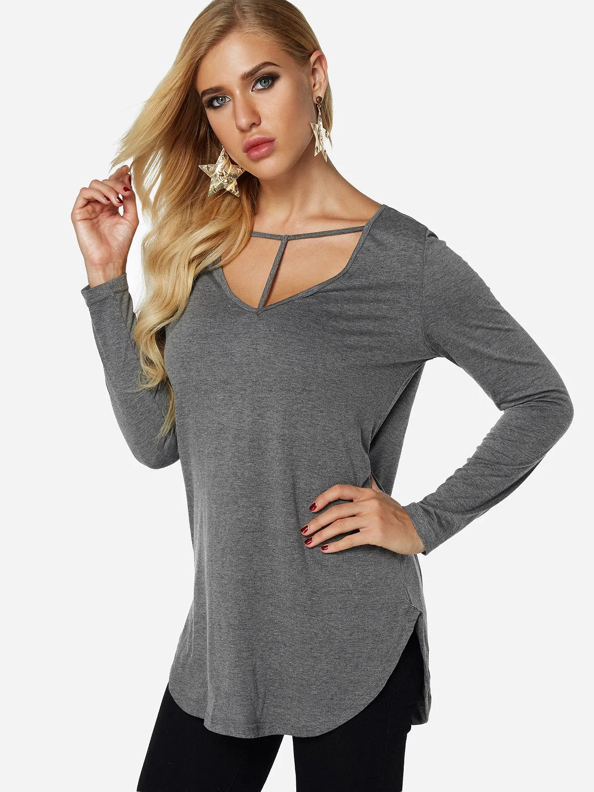 Custom V-Neck Plain Long Sleeve Curved Hem Grey Top