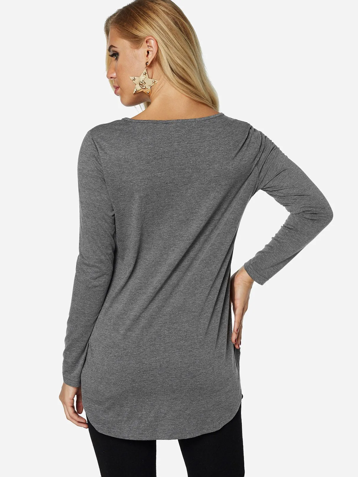 Custom V-Neck Plain Long Sleeve Curved Hem Grey Top