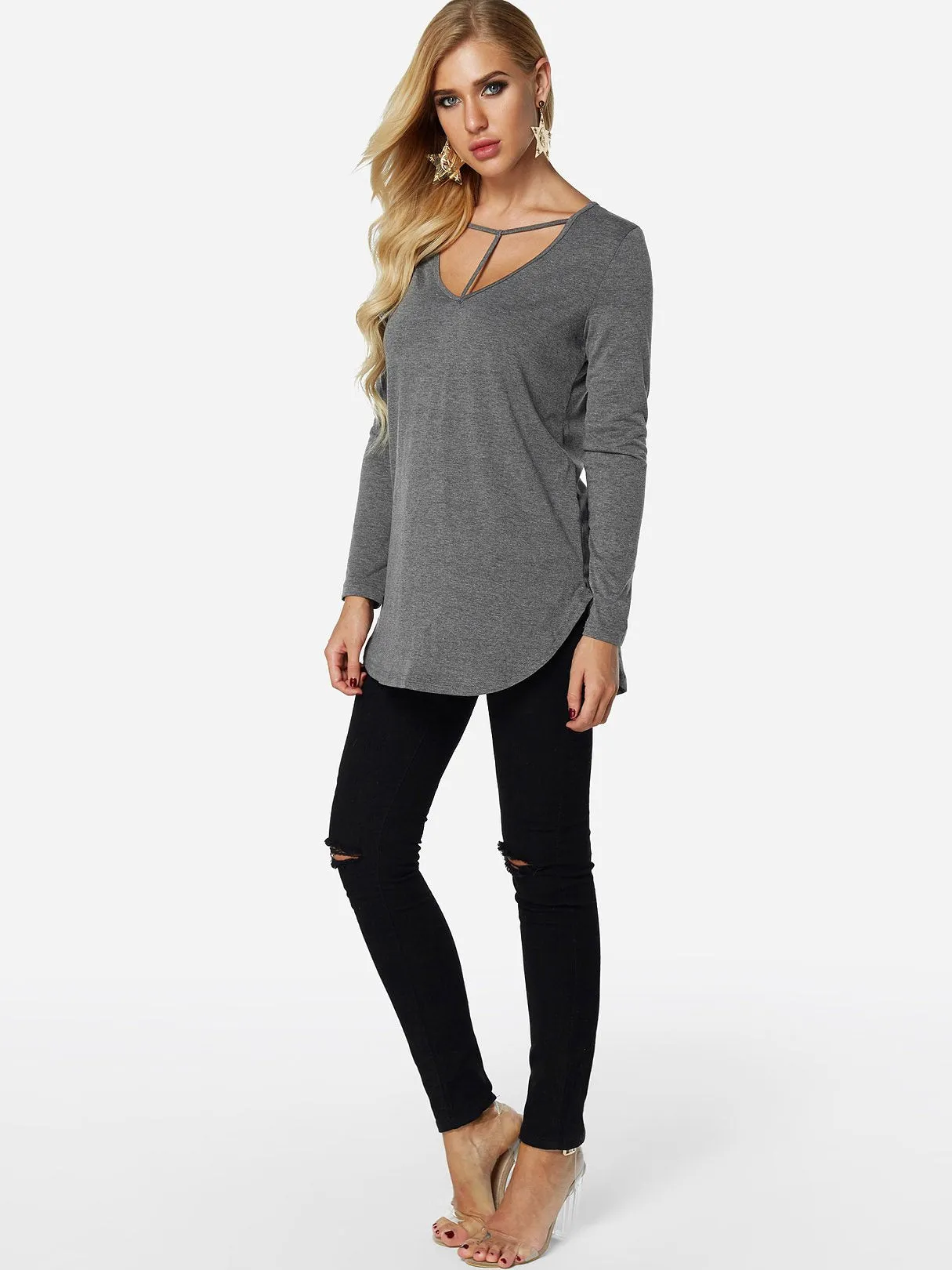 Custom V-Neck Plain Long Sleeve Curved Hem Grey Top