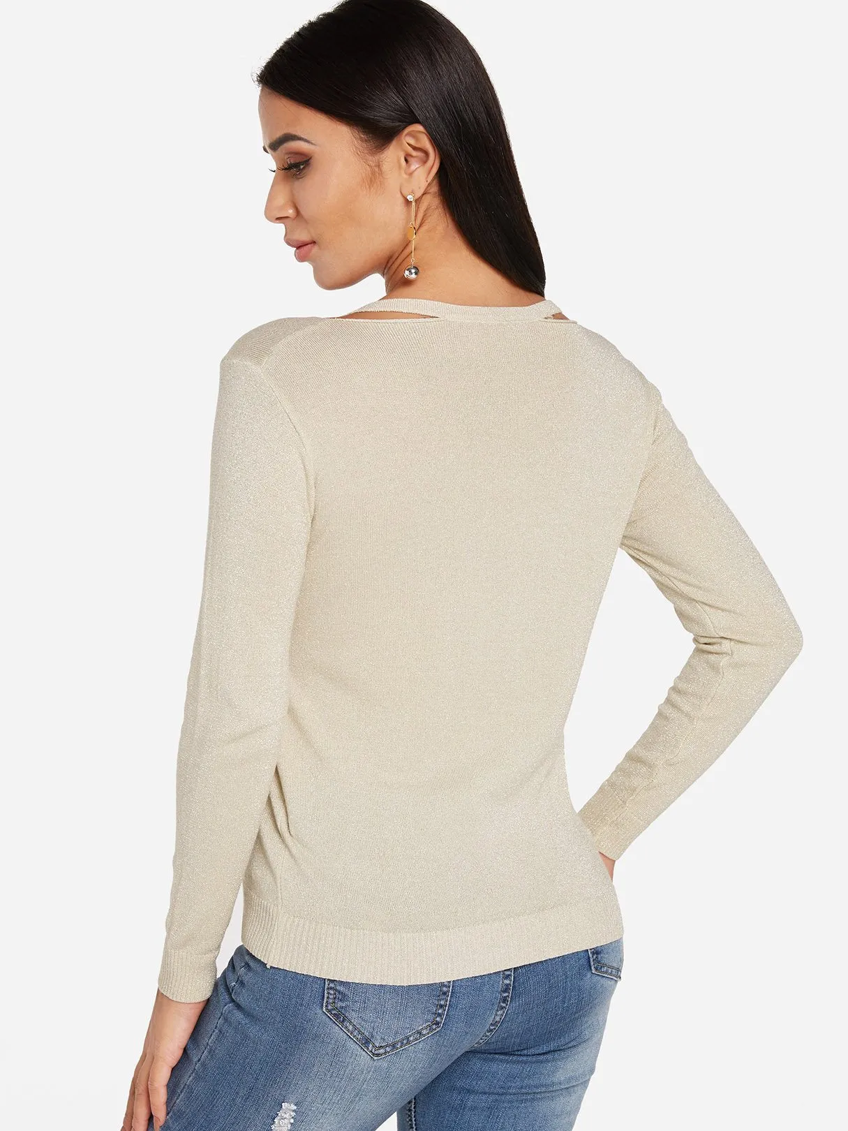 Custom V-Neck Plain Long Sleeve Khaki Top