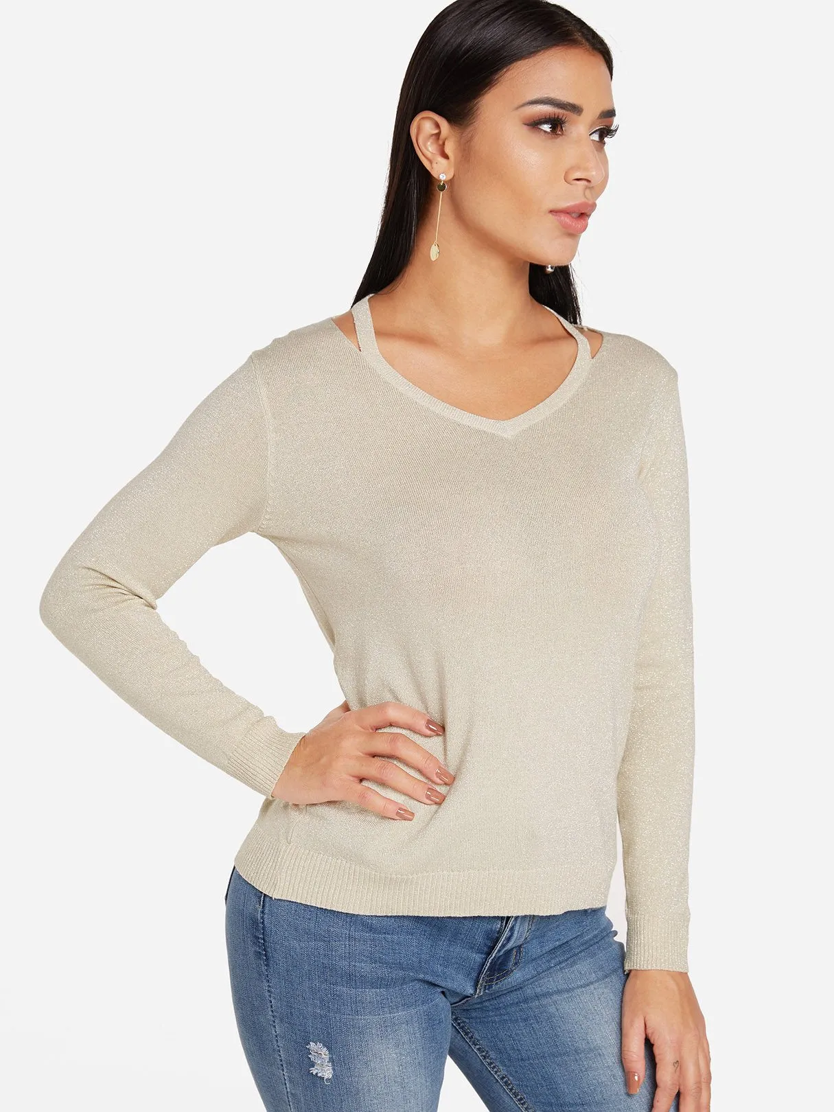 Custom V-Neck Plain Long Sleeve Khaki Top