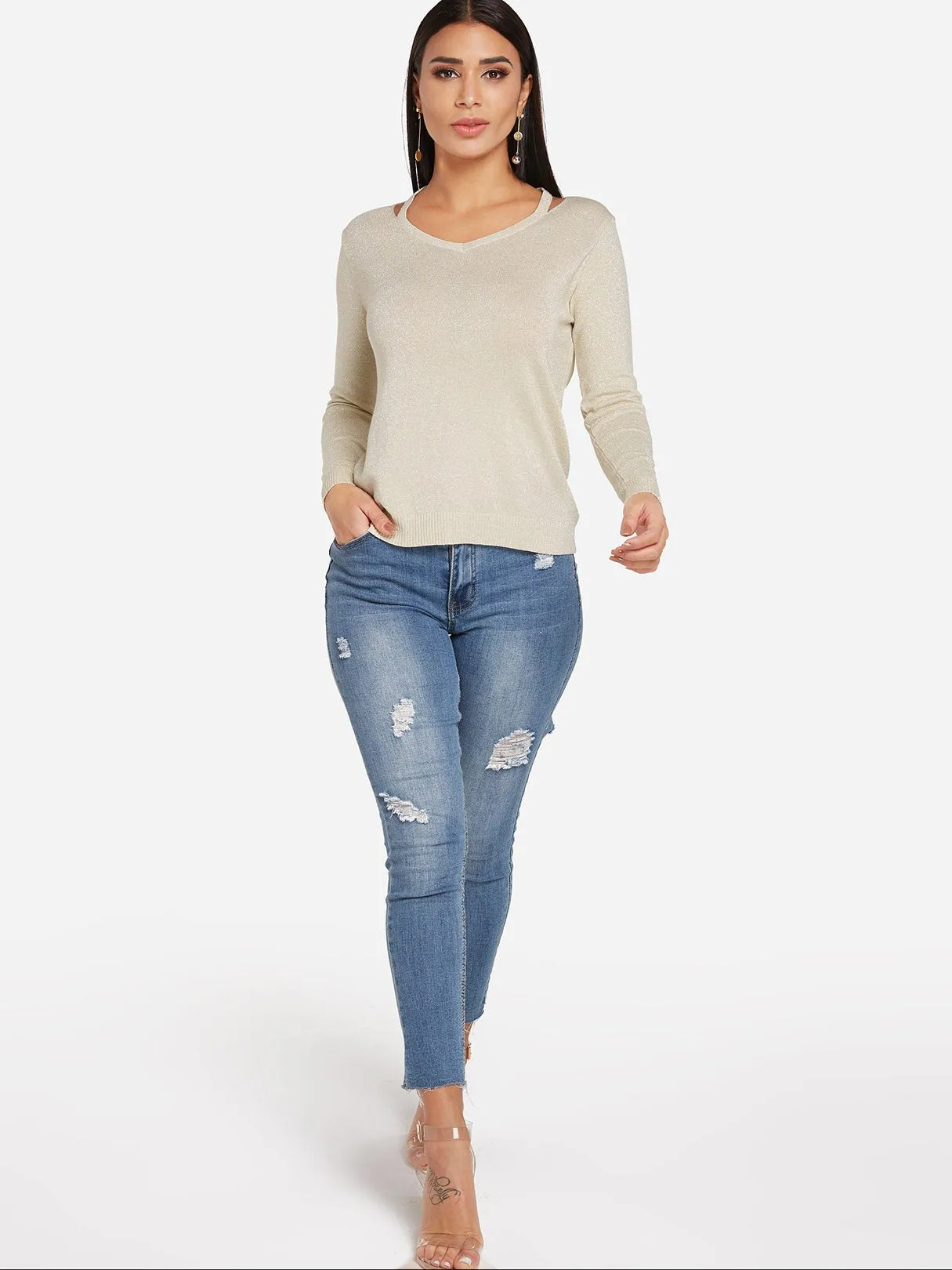 Custom V-Neck Plain Long Sleeve Khaki Top